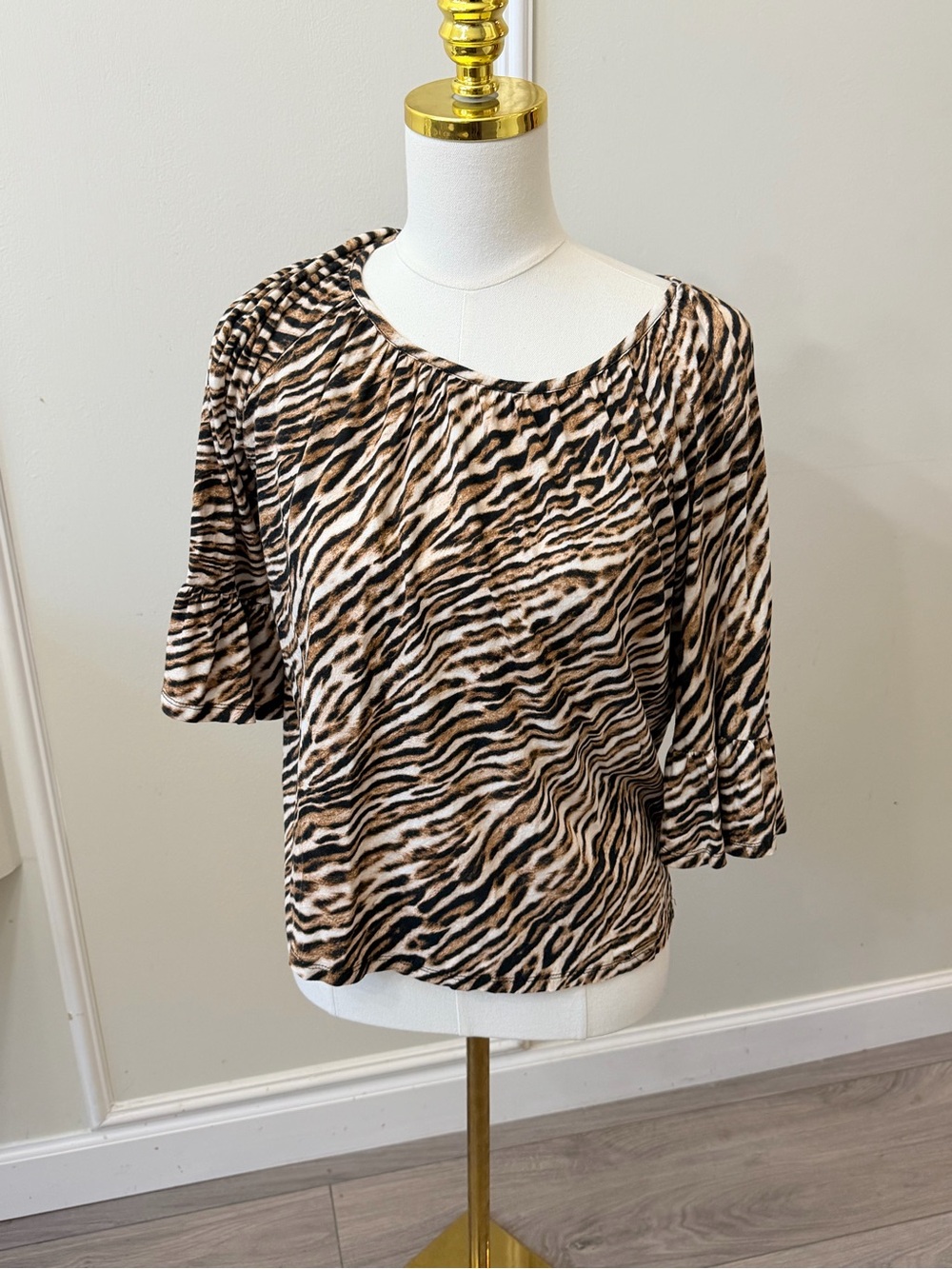 Michael Kors Black & Brown Animal-Print Scoop Neck Blouse
